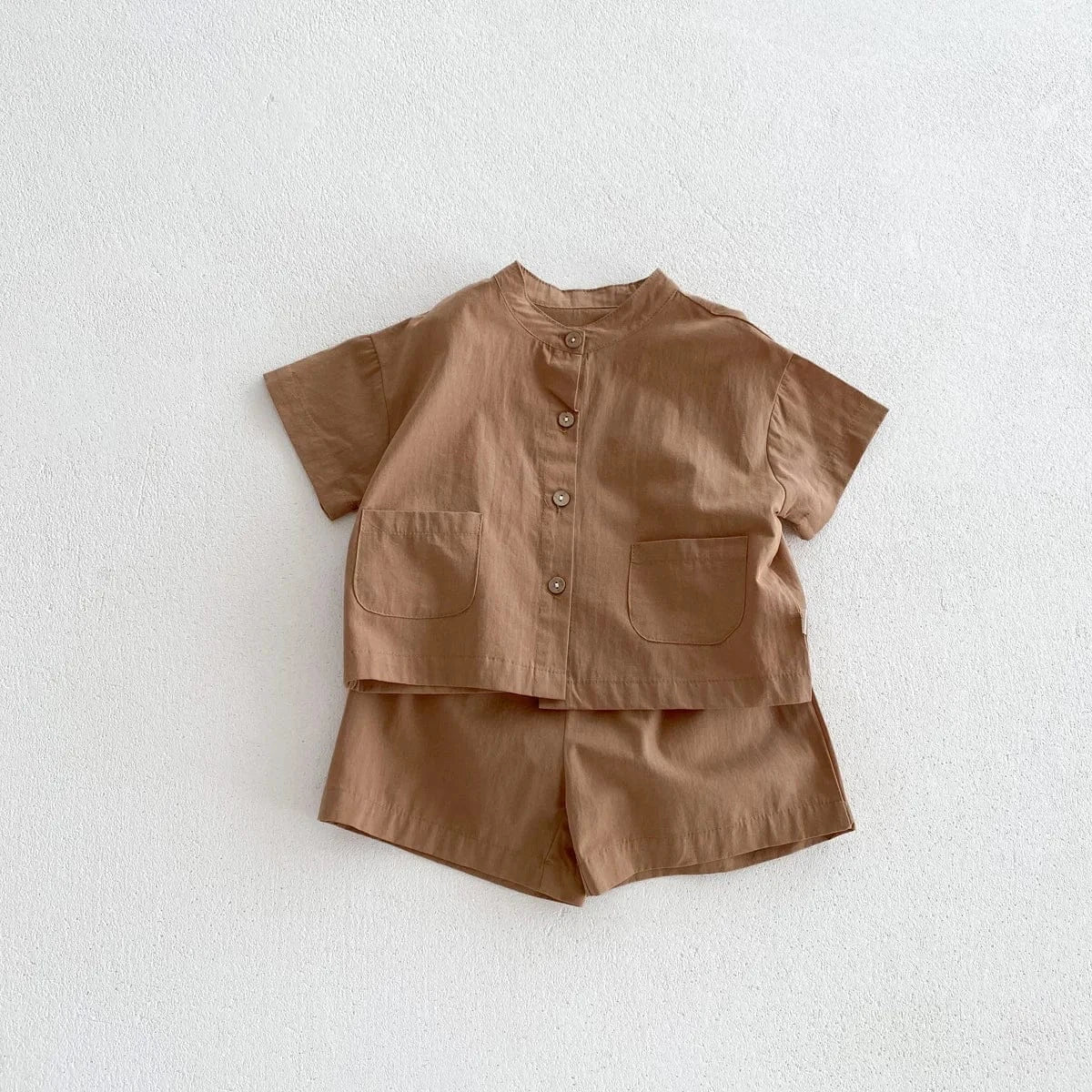 半袖セットアップ coffee / 80cm / 取り寄せ（3〜14日） ☺︎ キッズセットアップ 2点セット ノーカラー半袖シャツ ショートパンツ シンプルベーシック 3カラー