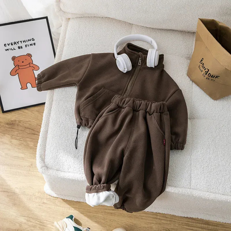 長袖セットアップ Coffee / 80cm 9-12M キッズセットアップ 2点セット スタンドカラー裏フリースジッパージャケット+ロングスウェットパンツ 2カラー【mh0007309】