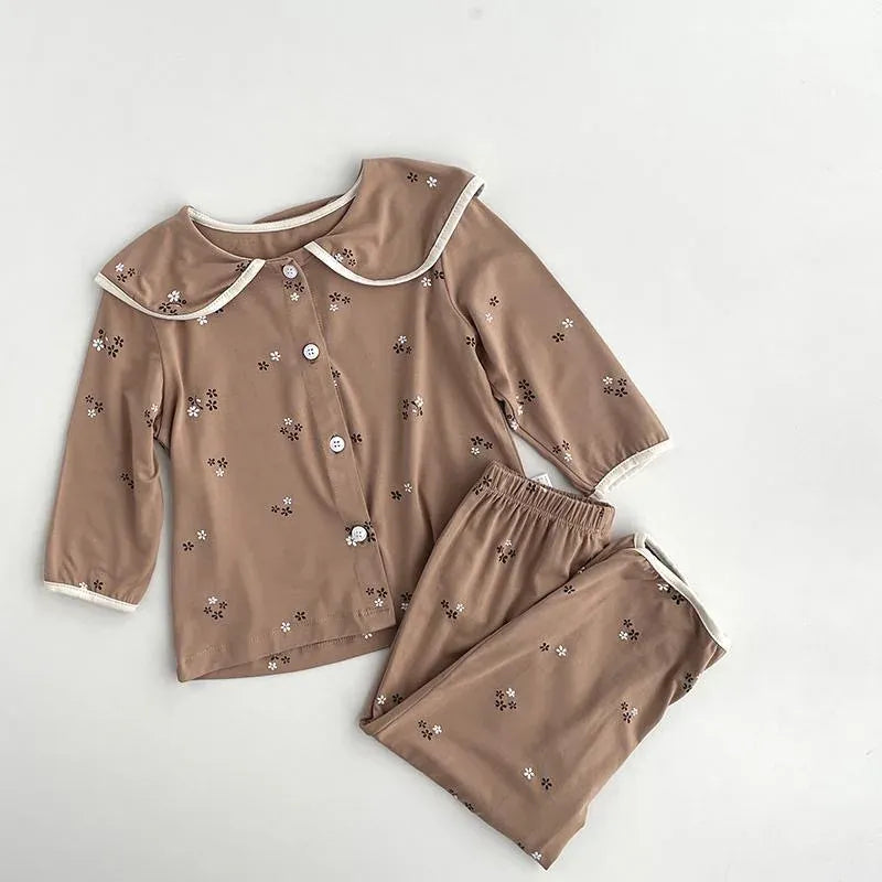 長袖パジャマ Coffee / 80cm 9-12M キッズセットアップ 2点セット フラワープリント長袖ブラウス+ロングパンツ 長袖パジャマセット【mh0007639】