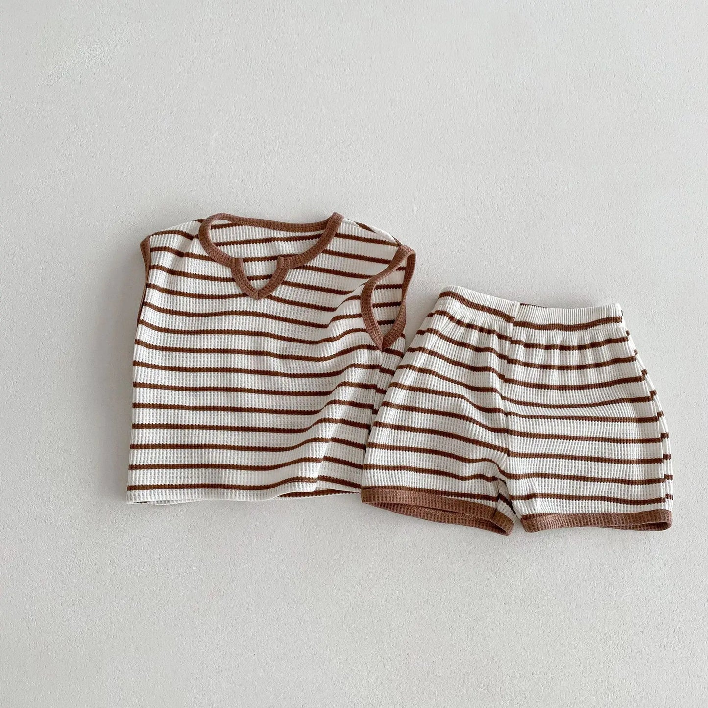 ノースリーブセットアップ Coffee / 80cm 9-12m ☺︎ キッズセットアップ 2点セット ノースリーブTシャツ+ショートパンツ レトロボーダー 2カラー