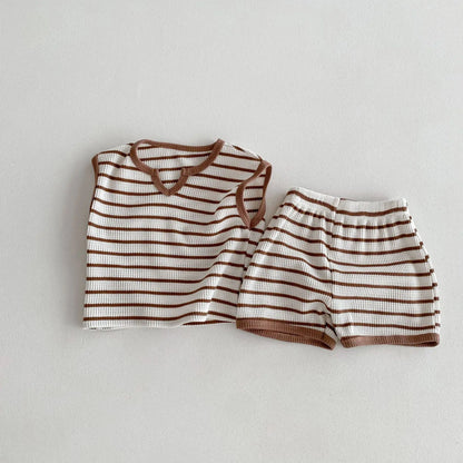 ノースリーブセットアップ Coffee / 80cm 9-12m ☺︎ キッズセットアップ 2点セット ノースリーブTシャツ+ショートパンツ レトロボーダー 2カラー