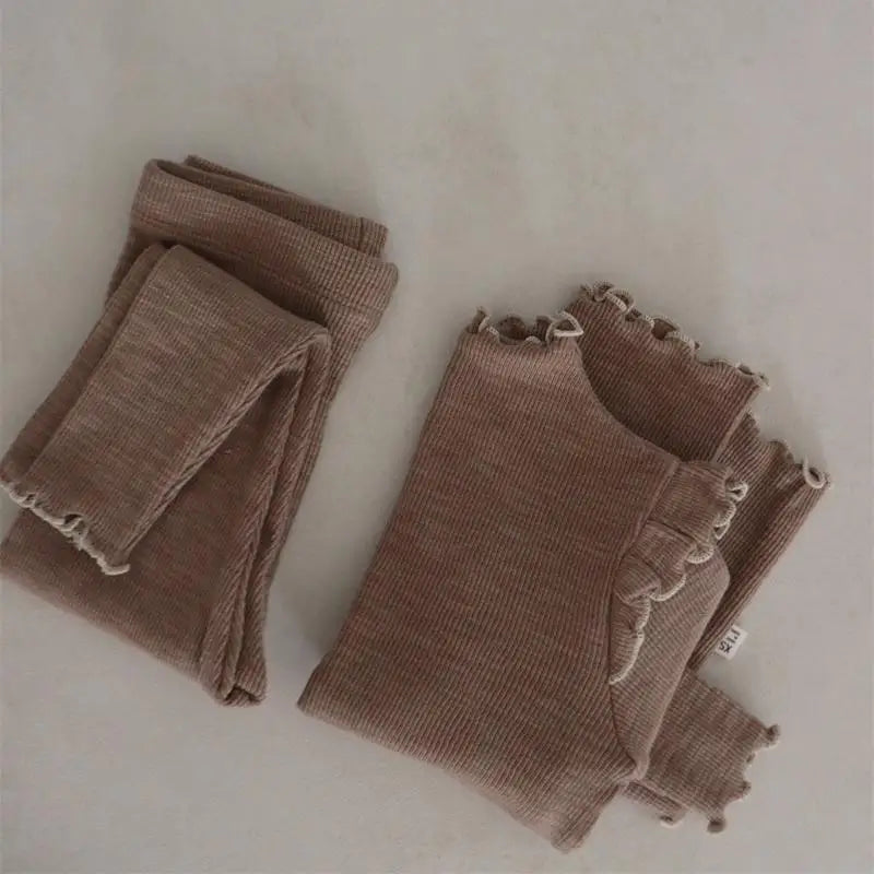 長袖パジャマ Coffee / 80cm 9-12M キッズパジャマセット フリル長袖Tシャツ+ロングパンツ ルームウェア 3カラー【mh0007490】