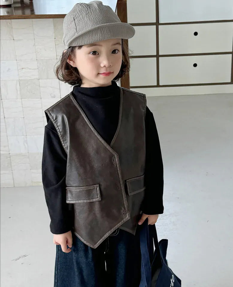 ベスト Coffee / 80cm キッズベスト フェイクレザー前あきプレッピーウェストコートベスト【mh0007673】