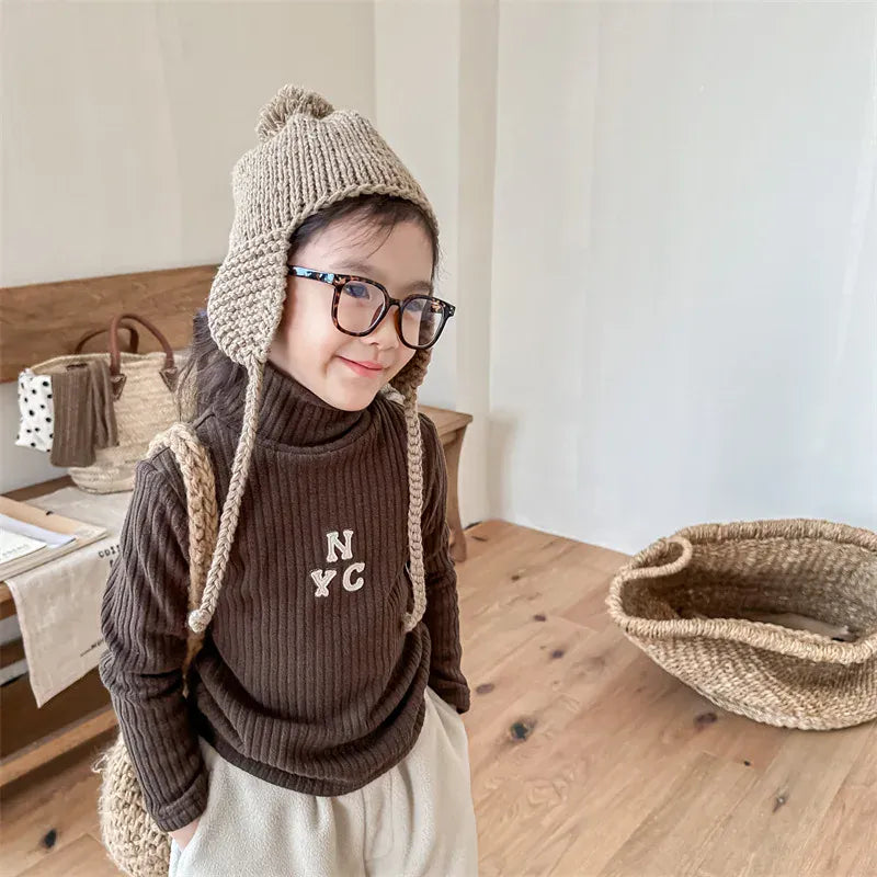 ニット・セーター coffee / 80cm キッズカットソー 刺繍ワンポイント リブニットセーター ハイネックTシャツ コーヒー アプリコット 2カラー ユニセックス 男の子 女の子 子供服