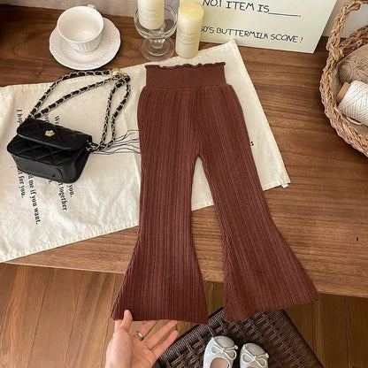 レギンスパンツ Coffee / 90cm 1-2y キッズパンツ シンプルリブニットベルボトムフレアレギンスパンツ 4カラー【mh0007560】