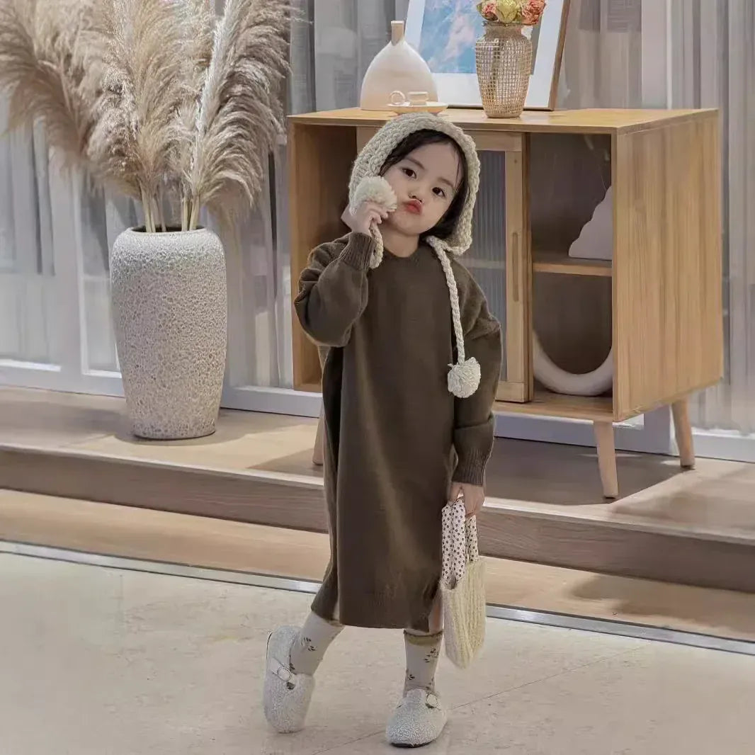 長袖ワンピース Coffee / 90cm 1-2y キッズワンピース フーディニット長袖ワンピース【mh0007637】