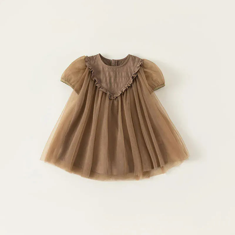 半袖ワンピース coffee / 90cm キッズワンピース シフォンチュールスカート 半袖ドレスワンピース 2カラー