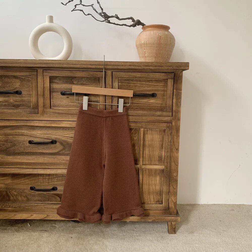 ロングパンツ・スウェットパンツ coffee / 90cm キッズ ニットパンツ フリルワイドパンツ ルーズパンツ コーヒー ベージュ 2カラー ガールズ 女の子 子供服