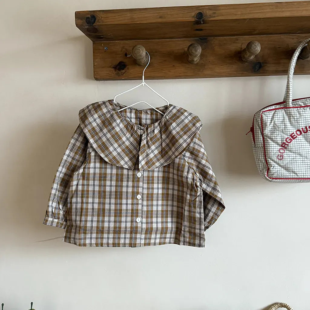 長袖シャツ・ブラウス Coffee / 90cm ビックカラーチェック柄ブラウス 丸襟長袖トップス【mh0011066】