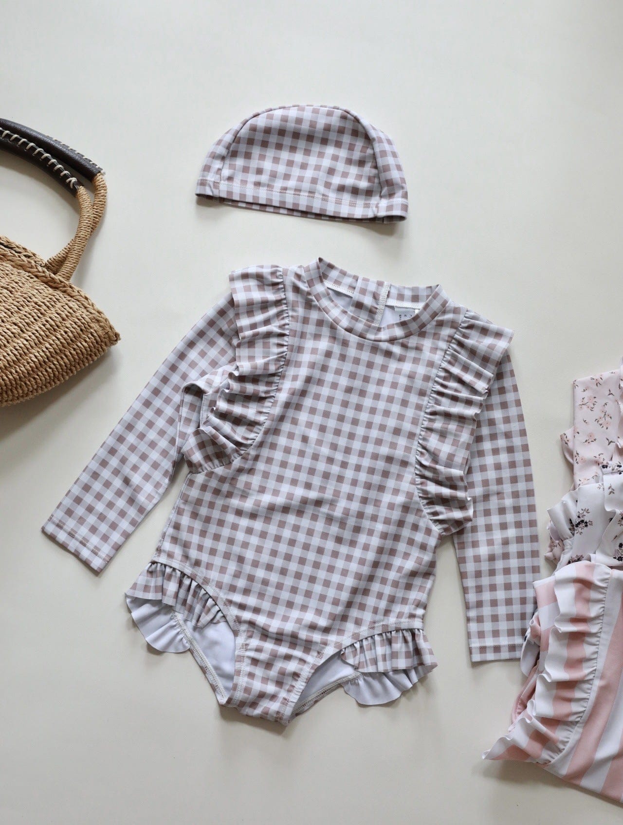 ベビー用水着 coffee checkered / 80 ガールズ水着 長袖ワンピーススイムウェア ラッシュガード【mh0009336】