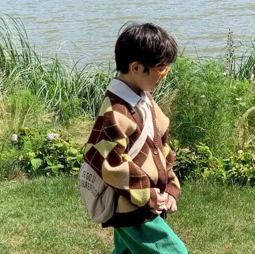 カーディガン・パーカー coffee long sleeve / 90cm / 取り寄せ（7〜21日） キッズベスト カーディガン アーガイルチェック レトロ ニット コーヒー グリーン 2カラー ユニセックス 男の子 女の子 子供服