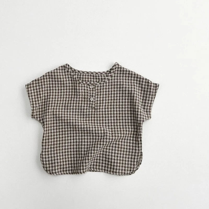 半袖シャツ・ブラウス coffee plaid / 80cm / 取り寄せ（3〜14日） ☺︎ キッズトップス ノーカラー半袖シャツ Tシャツ レトロチェック 2カラー