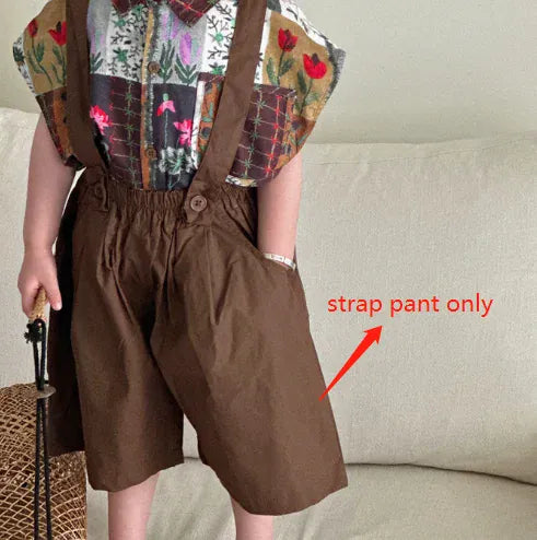 半袖シャツ・ブラウス coffee strap pant / 90ccm 1-2y キッズトップス/ストラップパンツ 半袖パッチワークシャツ/サスペンダーショートパンツ