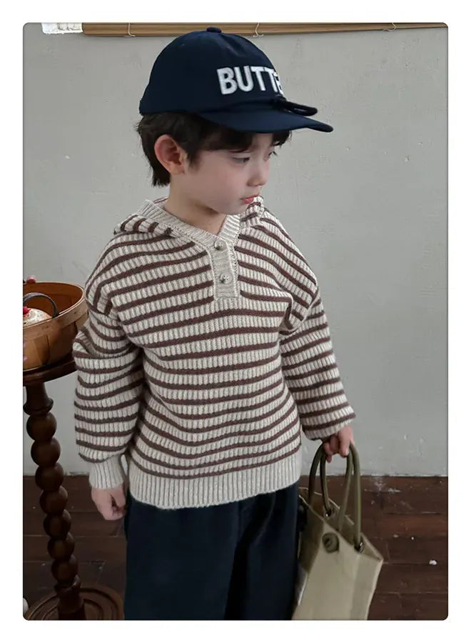 ニット・セーター Coffee stripe / 80cm キッズセーター ニットフーディ プルオーバー ボーダー コーヒー グリーン 2カラー ユニセックス 男の子 女の子 子供服