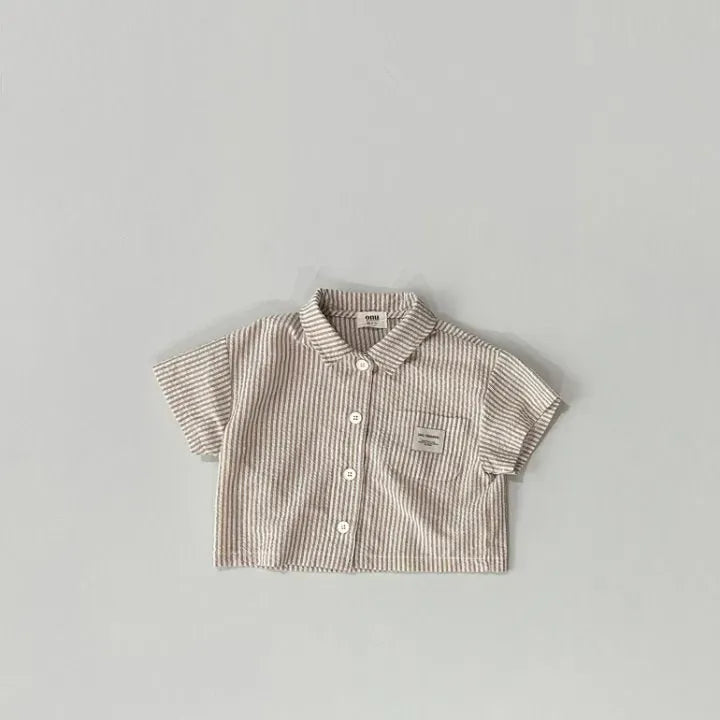 半袖シャツ・ブラウス coffee stripe top / 66cm 0-6m ベビートップス/パンツ 半袖ストライプシャツ/ポケットカーゴショートパンツ 2カラー