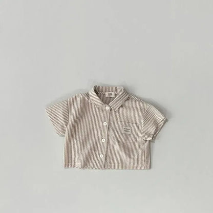 半袖シャツ・ブラウス coffee stripe top / 66cm 0-6m ベビートップス/パンツ 半袖ストライプシャツ/ポケットカーゴショートパンツ 2カラー