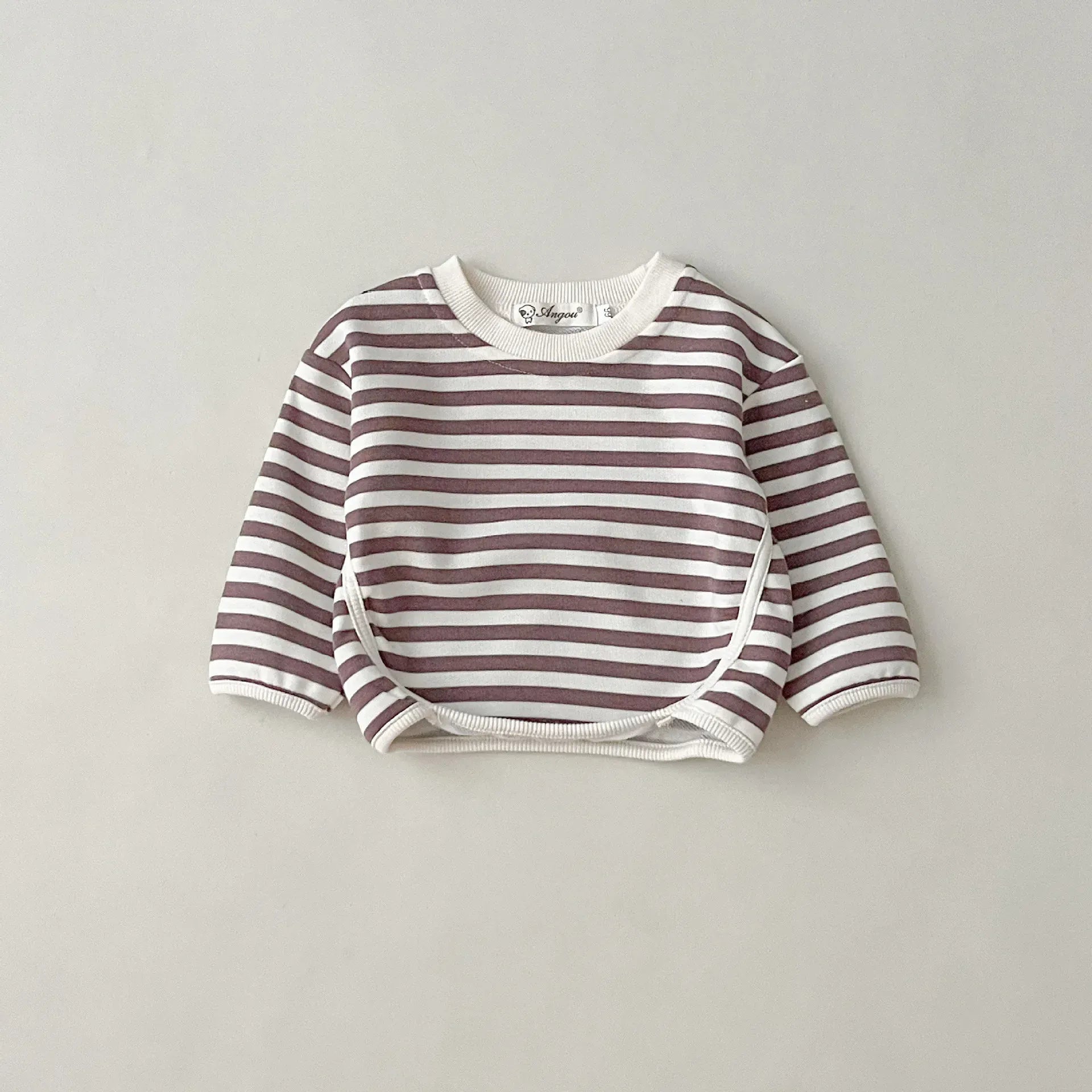長袖セットアップ coffee striped / 6M  66CM ベビートップス/ジャンプスーツ ボーダー長袖Tシャツ/うさぎオーバーオールロンパース【mh0006801】