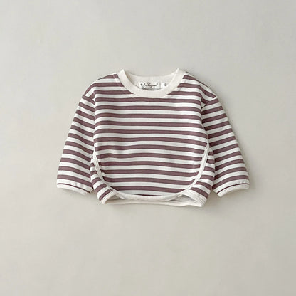 長袖セットアップ coffee striped / 6M  66CM ベビートップス/ジャンプスーツ ボーダー長袖Tシャツ/うさぎオーバーオールロンパース【mh0006801】