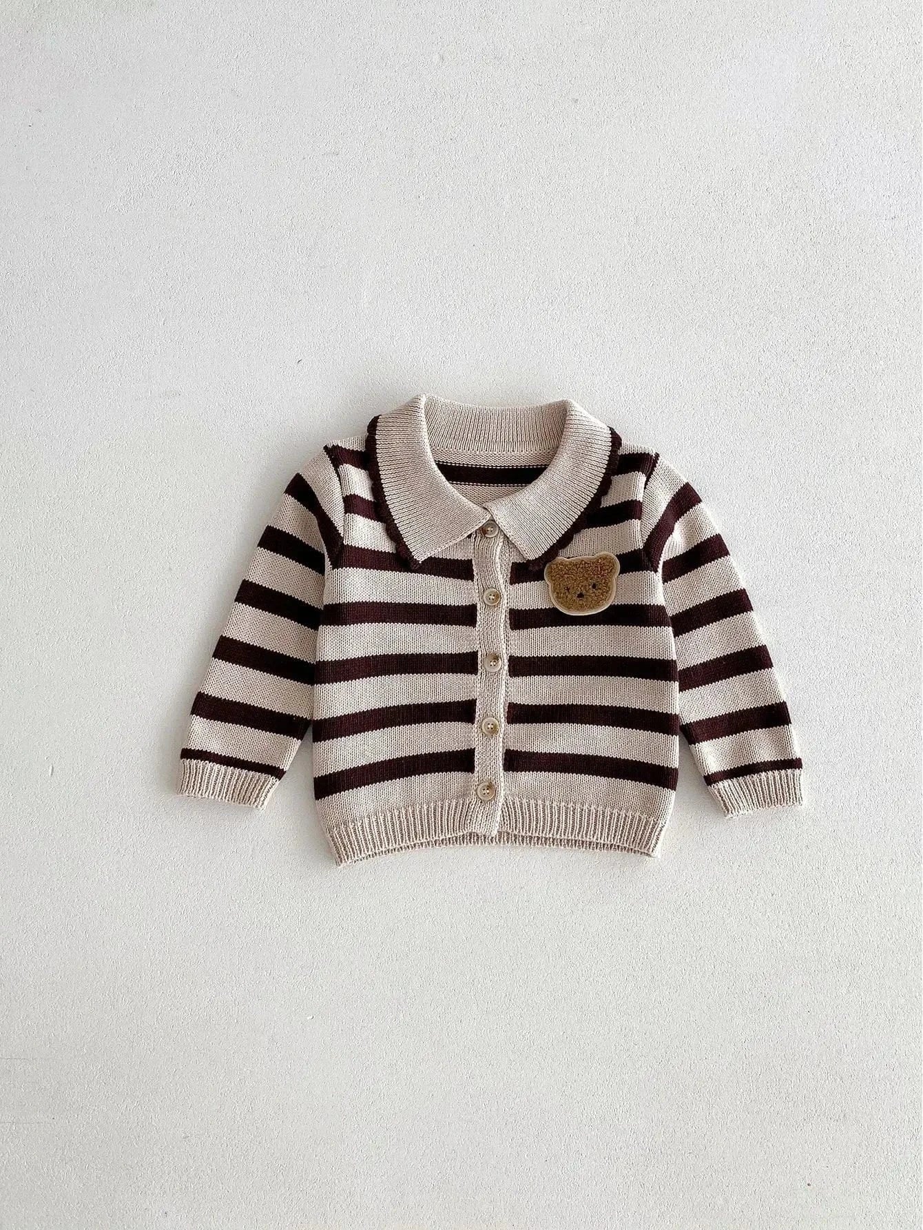 長袖セットアップ coffee top / 73cm 6-9M ベビーキッズカーディガン/パンツ ベアくまワッペンボーダー襟付きニットジャケット/ニットロングパンツ 2カラー【mh0007415】