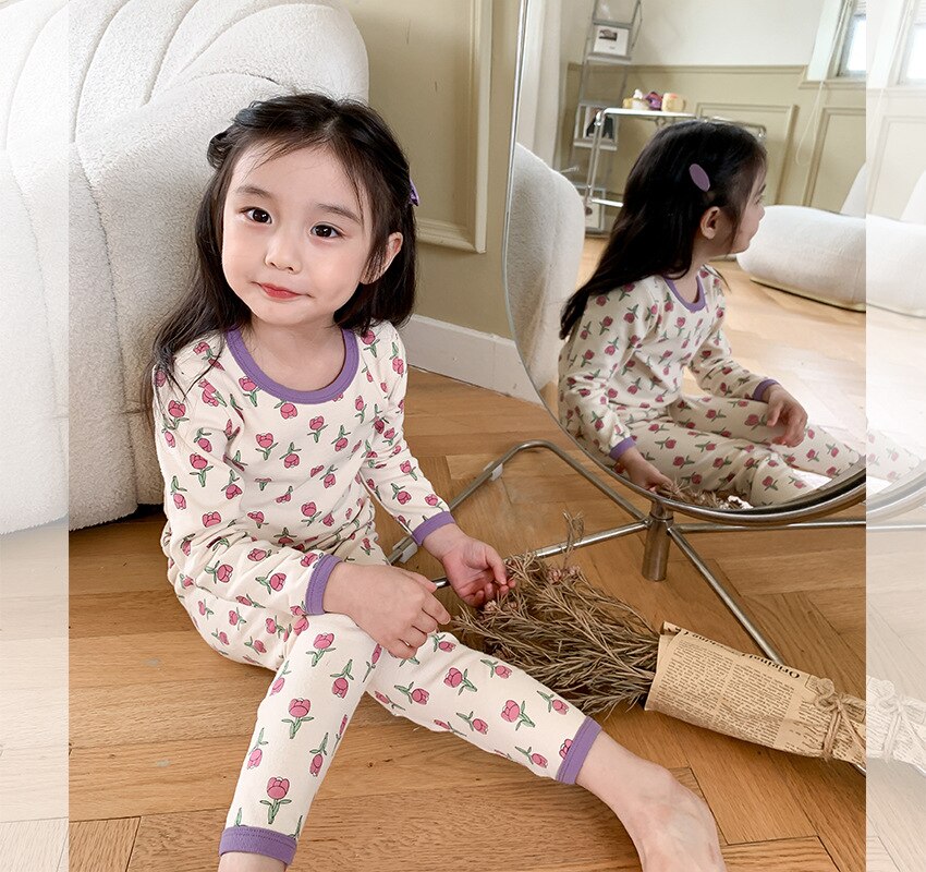 長袖セットアップ color 12 / 80cm キッズ プリント 長袖 パジャマ セット くま ベア チェック フラワー ライオン 恐竜 ユニセックス