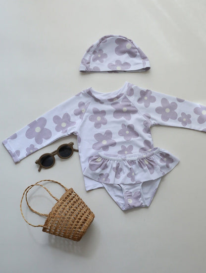 ベビー用水着 color 12 / 80cm キッズ 水着 フラワー 花柄 長袖 ワンピース ビキニ セパレート 帽子 セット ラッシュガード スイムウェア 8スタイル ガールズ【mh0002218】