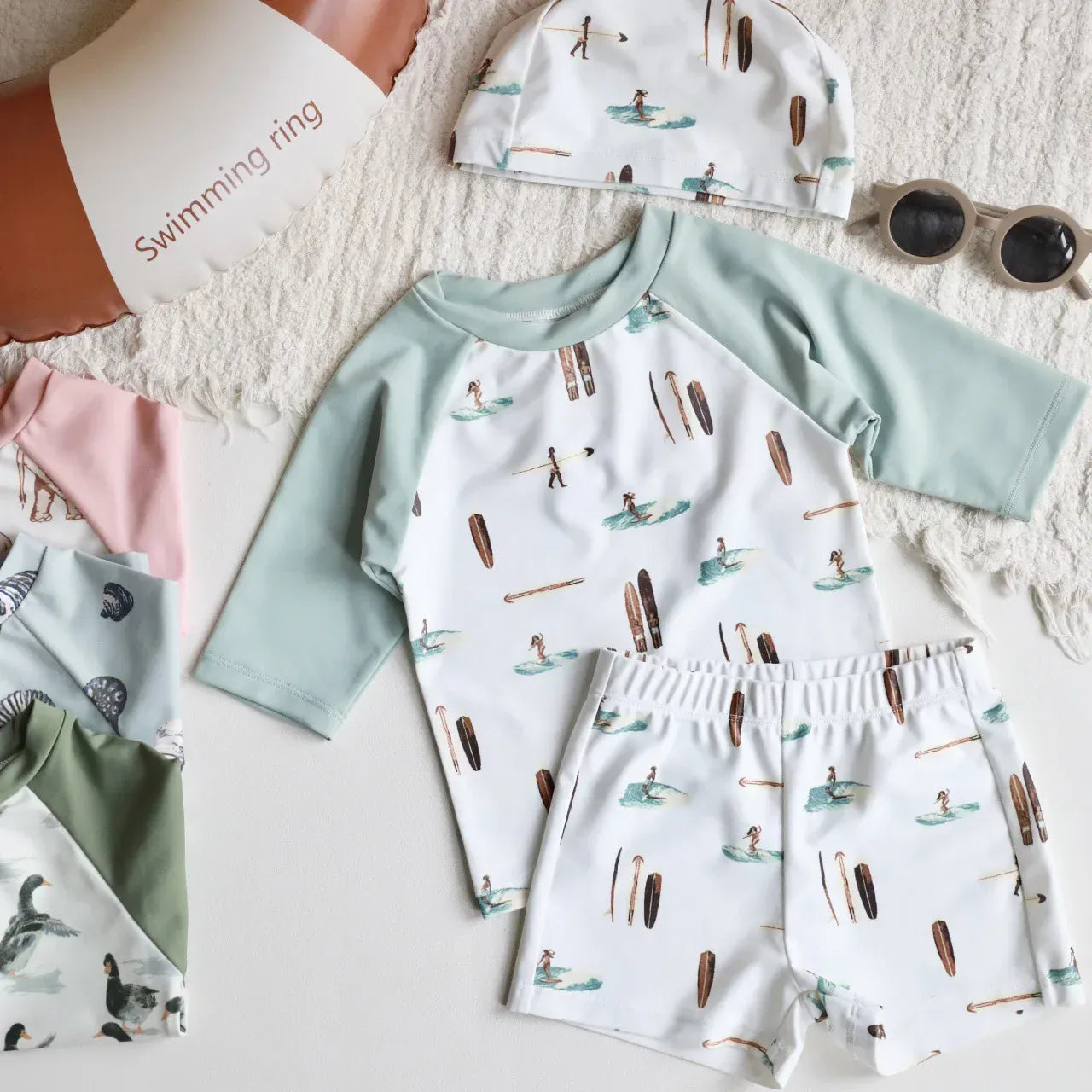 ベビー用水着 color 2 / size 80 2024年新作 キッズ水着 セパレート 長袖 ラッシュガード ガールズ/ボーイズスイムウェア 帽子セット【mh0005024】