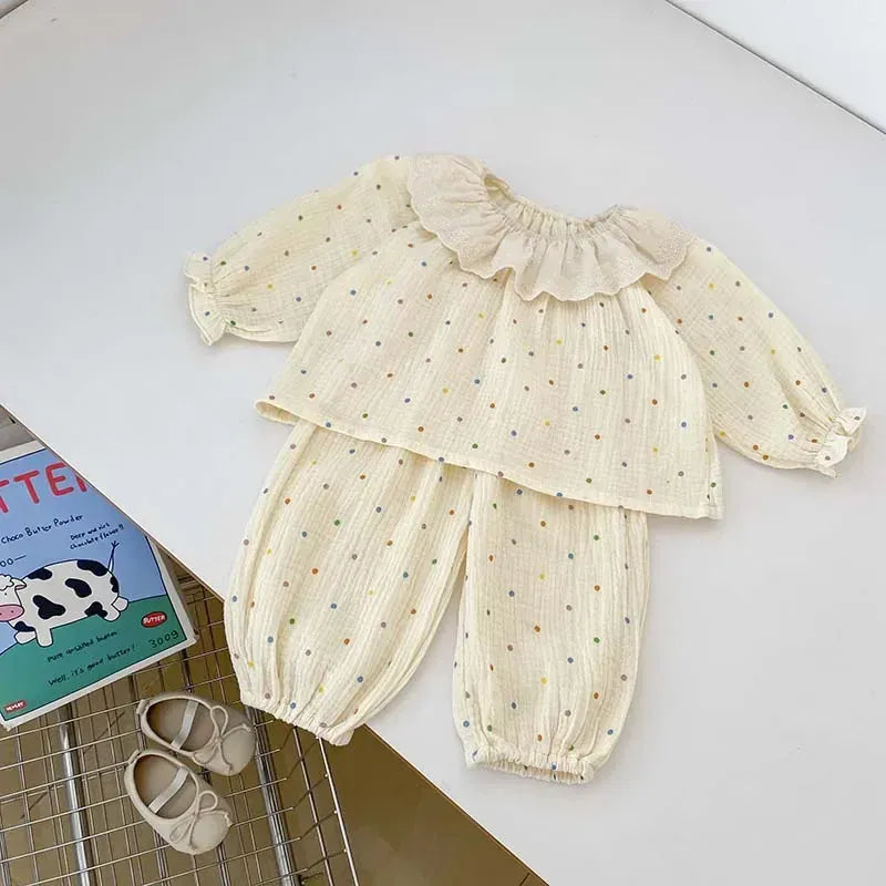 長袖パジャマ colorful dot / 73cm 6-9M ベビーキッズパジャマ プリント柄ラッフルフリル襟長袖ブラウス+ロングパンツ 3デザイン【mh0007481】