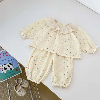 長袖パジャマ colorful dot / 73cm 6-9M ベビーキッズパジャマ プリント柄ラッフルフリル襟長袖ブラウス+ロングパンツ 3デザイン【mh0007481】
