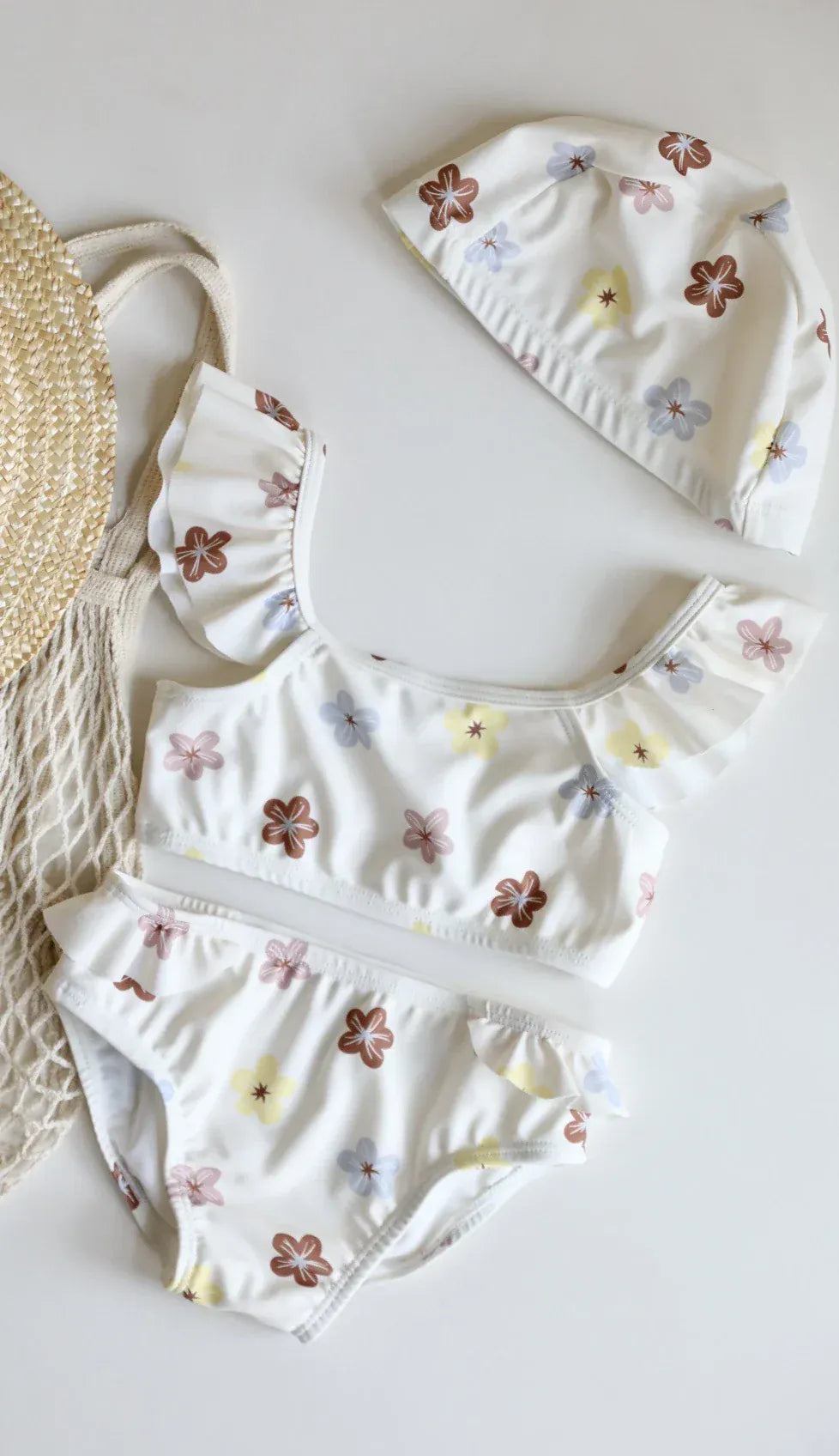 ベビー用水着 colour floral set / 80cm キッズ水着 ガールズ ビキニ セパレート フリルトップス+パンツ+帽子セット フラワープリント 2カラー スイムウェア【mh0005995】