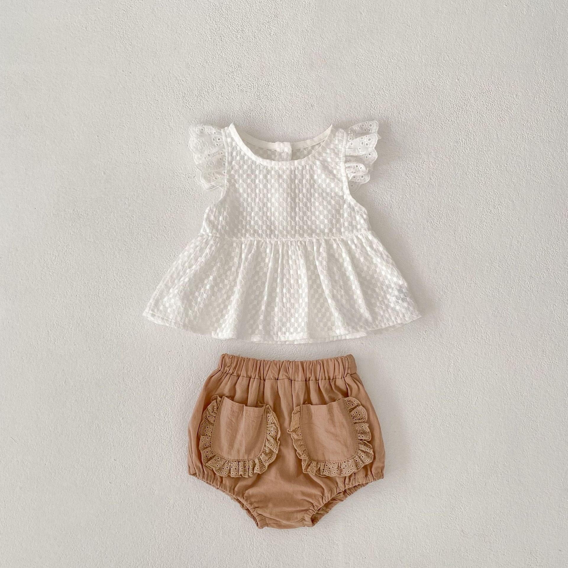 半袖セットアップ Creamy White / 66cm チェックフリルスリーブブラウス+レースフリルブルマパンツセットアップ 2点セット【mh0010167】