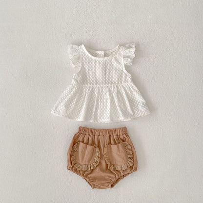 半袖セットアップ Creamy White / 66cm チェックフリルスリーブブラウス+レースフリルブルマパンツセットアップ 2点セット【mh0010167】