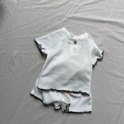 半袖セットアップ Creamy White / 73cm ベビーセットアップ 2点セット シンプルベーシックフリルリブ半袖Tシャツ+ショートパンツ【mh0009182】