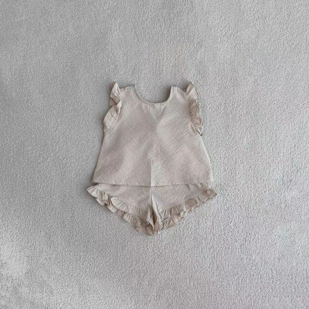 ノースリーブセットアップ Creamy White / 73cm バックリボンフリルショルダーブラウス+ショートパンツセット【mh0010368】