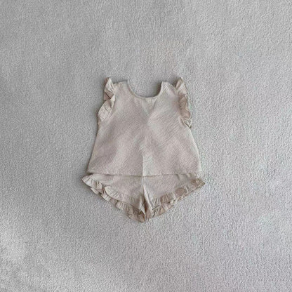 ノースリーブセットアップ Creamy White / 73cm バックリボンフリルショルダーブラウス+ショートパンツセット【mh0010368】