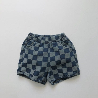 ハーフパンツ・ショートパンツ dark blue / 12M/80cm キッズ チェッカー チェック デニム ショートパンツ ライトブルー ダークブルー ボーイズ