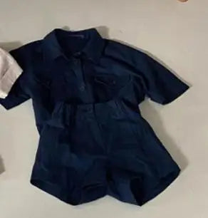 半袖セットアップ dark blue / 12M 80cm キッズセットアップ 2点セット 半袖サファリシャツ+ショートパンツ シンプルベーシック 3カラー