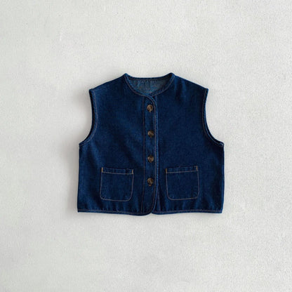 ベスト dark blue / 12M  80cm / 取り寄せ（7〜21日） キッズベスト デニム フロントボタンベスト 2カラー