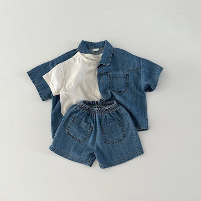 半袖セットアップ Dark Blue 2pc set / 80cm ☺︎ キッズ デニム セットアップ 半袖 シャツ ショートパンツ ダークブルー ライトブルー ボーイズ