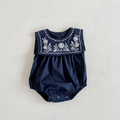 ノースリーブロンパース Dark Blue / 3-6M 66cm ベビーロンパース ノースリーブボディスーツ フラワー刺繍襟 2カラー【mh0005889】