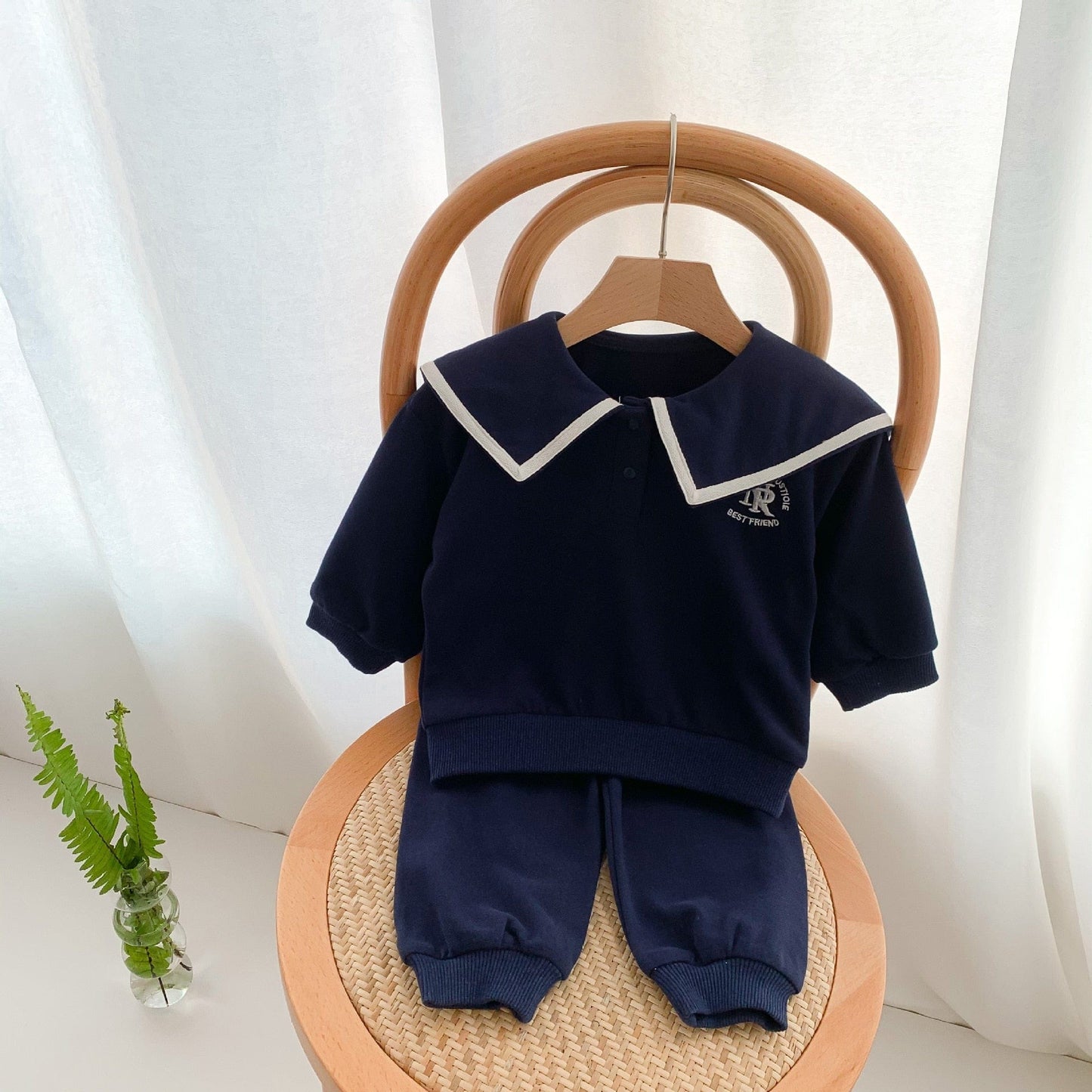 長袖セットアップ Dark Blue / 66cm ベビー セットアップ セーラーカラー 長袖 トップス パンツ ホワイト ネイビーブルー ユニセックス 7001