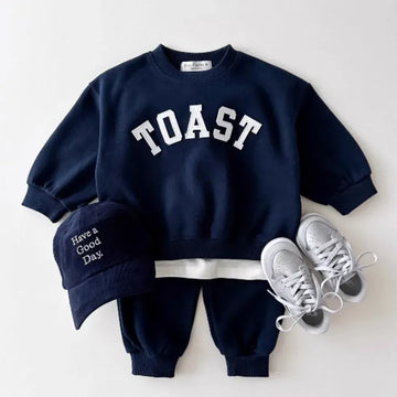 長袖セットアップ Dark Blue / 73cm 6-9M ベビーキッズセットアップ 2点セット レターロゴワッペン長袖スウェットシャツ+スウェットロングパンツ【mh0007638】
