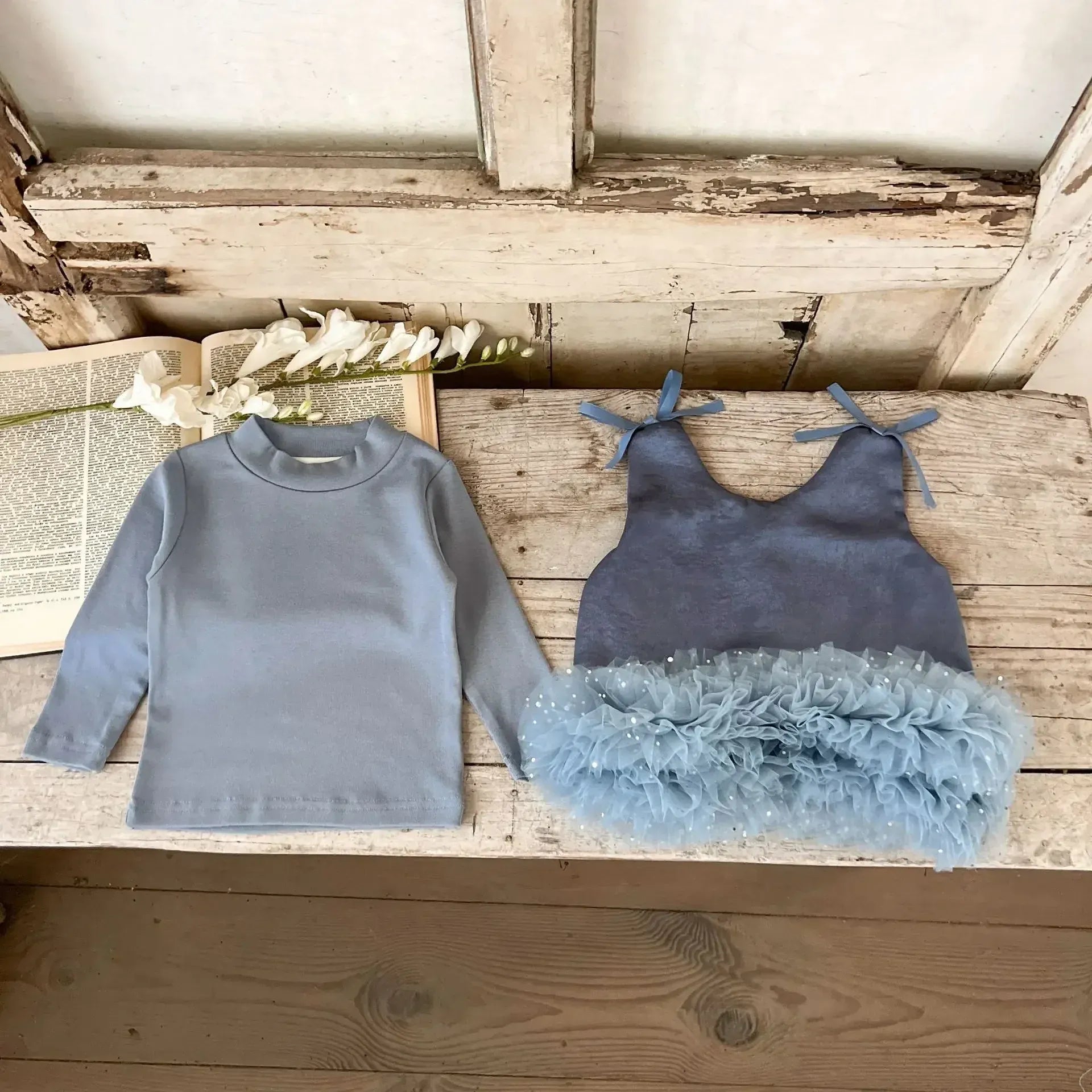 長袖セットアップ Dark Blue / 73cm 6-9M ベビーセットアップ 2点セット ハイネック長袖Tシャツ+裾チュールノースリーブドレスワンピース 2カラー【mh0007604】