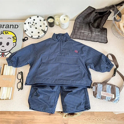 長袖セットアップ dark blue / 80cm キッズ セットアップ 2点セット ウィンドブレーカー ハーフジップトップス パンツ チェック ダークブルー ライトブルー 2カラー ボーイズ 男の子 子供服