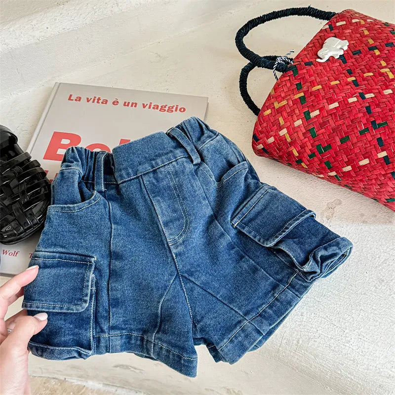 ハーフパンツ・ショートパンツ dark blue / 80cm 9-12m キッズパンツ デニム カーゴ ポケット ショートパンツ 2カラー