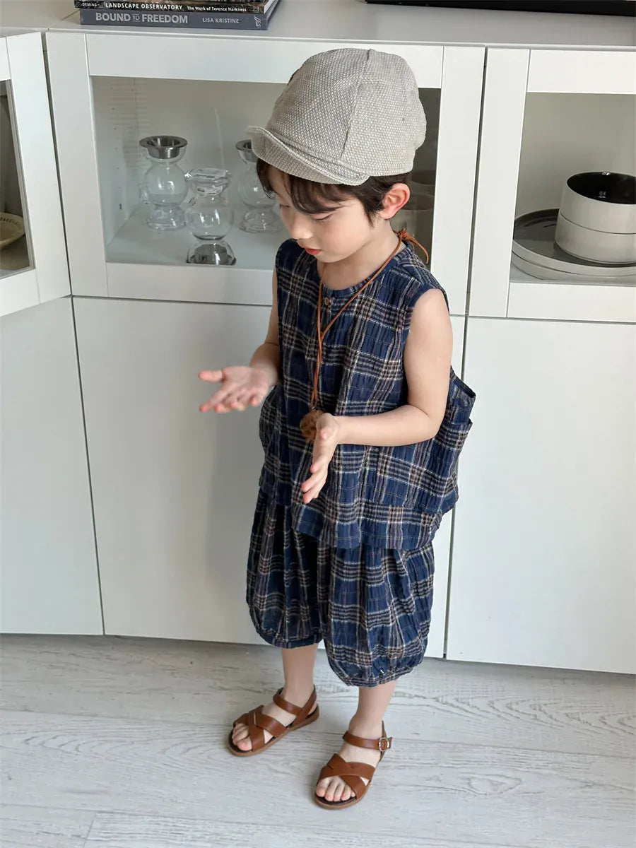 ノースリーブセットアップ dark blue / 80cm 9-12m キッズセットアップ 2点セット コットンリネン ノースリーブトップス+バルーンパンツ レトロチェック 2カラー