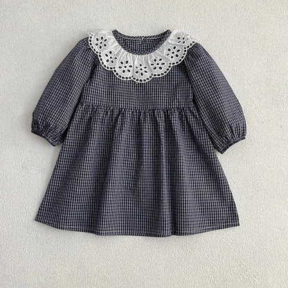 長袖ロンパース dark blue dres / 90cm 1-2y ベビーロンパース/キッズワンピース レースラッフル襟チェック長袖ボディスーツ/ワンピース 2カラー リンクコーデ 姉妹 お揃いコーデ【mh0007607】