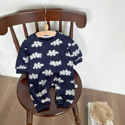 長袖セットアップ dark blue romper / 6M  66CM ベビーセットアップ 2点セット/ジャンプスーツ クラウド雲プリントハーフジップスウェットシャツ+スウェットパンツ/長袖ロンパース【mh0008620】