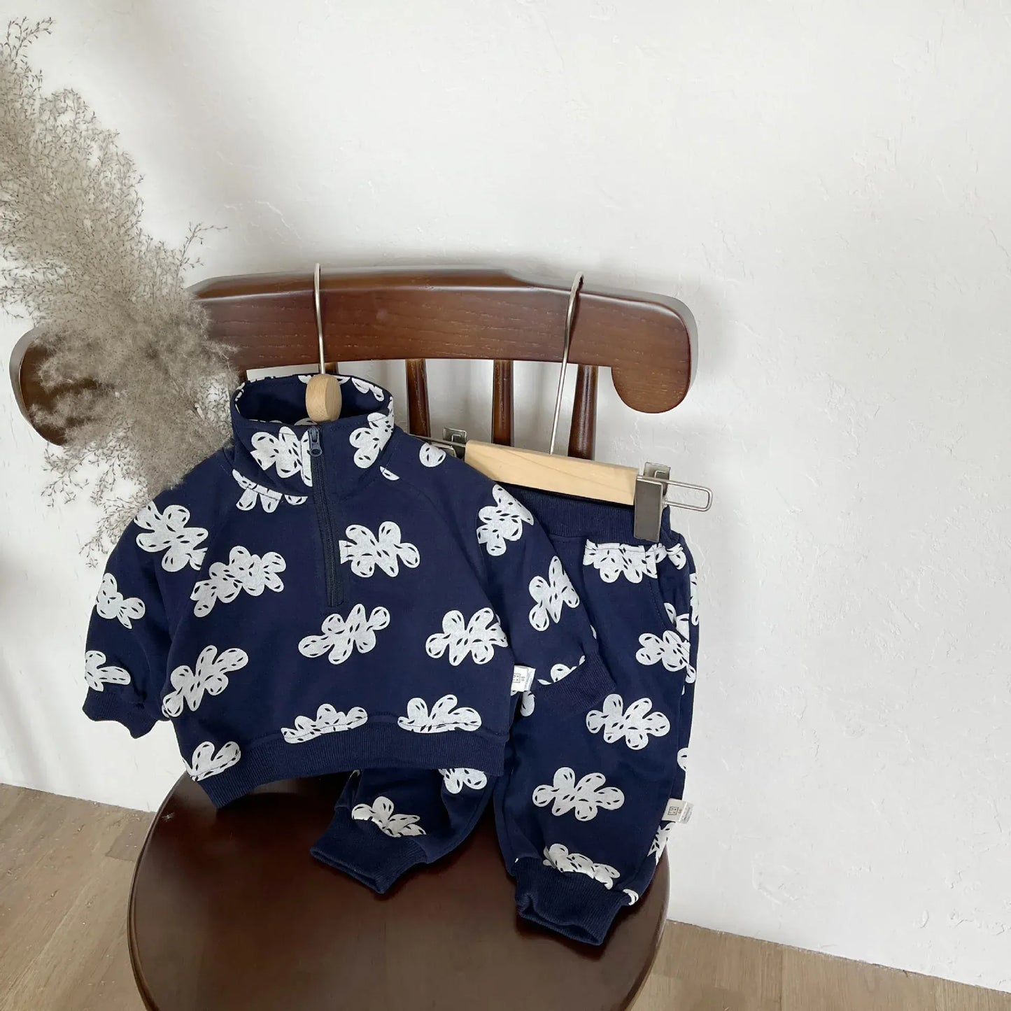 長袖セットアップ dark blue set / 6M  66CM ベビーセットアップ 2点セット/ジャンプスーツ クラウド雲プリントハーフジップスウェットシャツ+スウェットパンツ/長袖ロンパース【mh0008620】