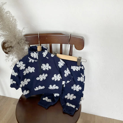 長袖セットアップ dark blue set / 6M  66CM ベビーセットアップ 2点セット/ジャンプスーツ クラウド雲プリントハーフジップスウェットシャツ+スウェットパンツ/長袖ロンパース【mh0008620】