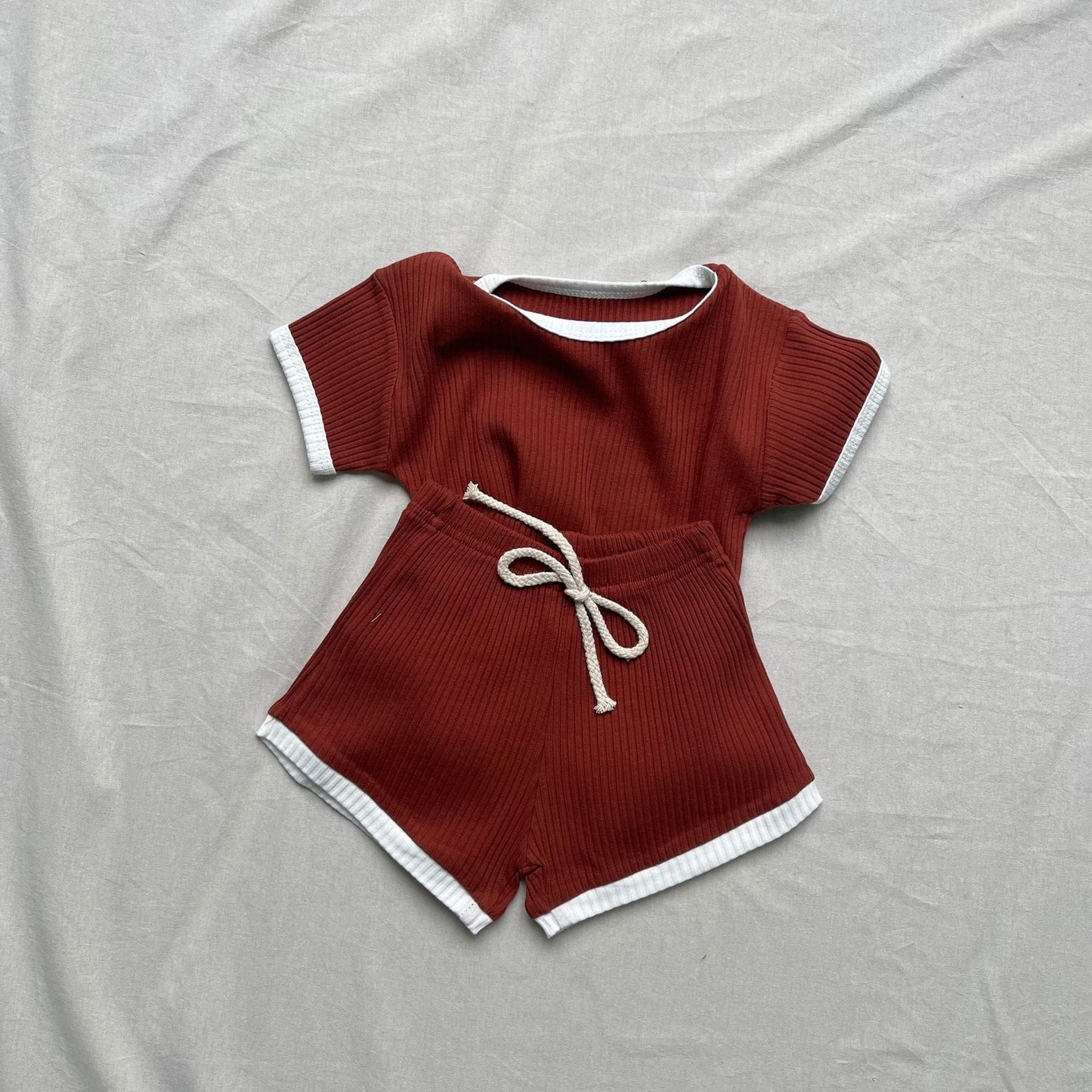 半袖セットアップ Dark Brown / 73cm バイピング半袖Tシャツ+ショートパンツセットアップ 2点セット【mh0009436】